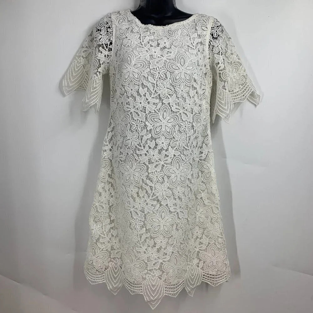 Anthropologie Women White Charleston Lace Scalloped Trim Mini Dress Size 2